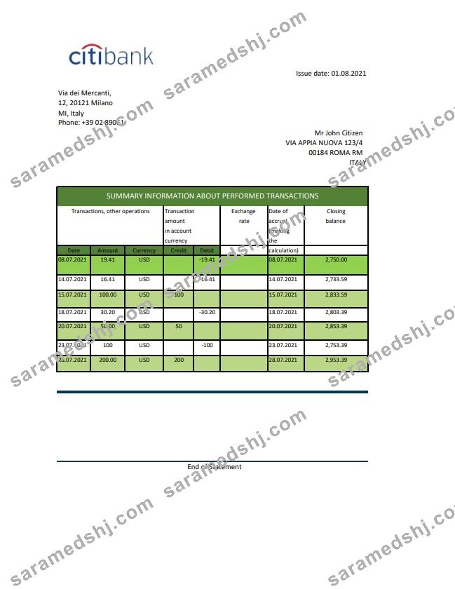 Italy Citibank excel pdf